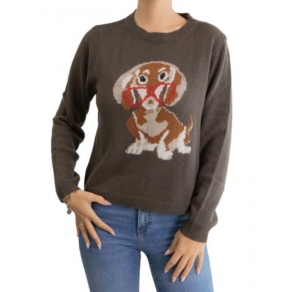 Maglia girocollo tinta unita con bassotto